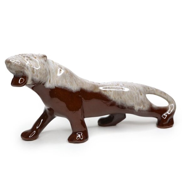 Vintage BMP Brown Cream Drip Glaze Ceramic Cougar Cat Art Statue Figure MCM - Picture 2 of 10